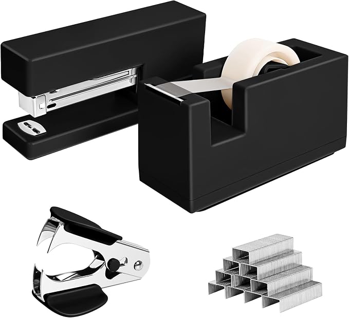 1 Desktop Stapler & 1 Tape Dispenser - 25 Sheet Capacity with 830 Staples and Staple Remover, Non-Slip for Office,School, Home & Classroom, Black