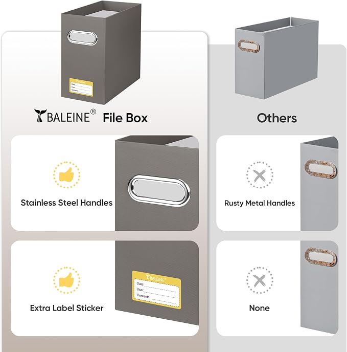 BALEINE File Organizer Box, Cardboard File Folder Organizer with Handle for Letter Size, Portable Collapsible Hanging Filing Box for Home Office Document Storage (2 Pack, Brown)