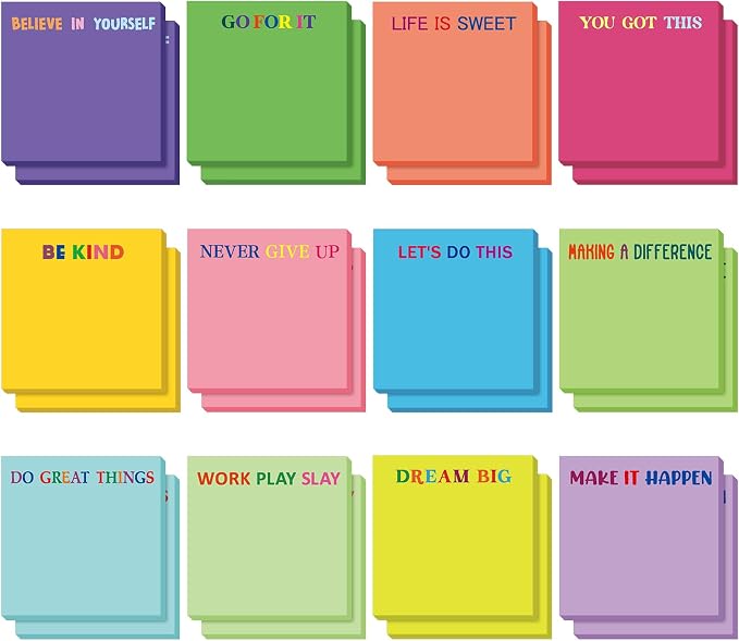 Yinder 24 Pcs Inspirational Sticky Notes, Back to School Supplies, Cute Motivational Sticky Notes Pad Employee Appreciation Gifts Bulk for Teacher Coworker Office 3 x 3'' (Motivational,Bright Color)