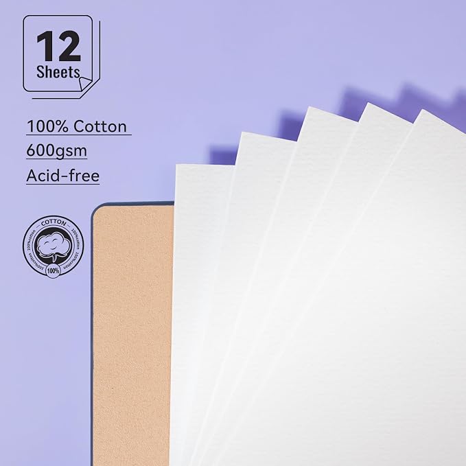 Lightwish Watercolor Sketchbook,100% Cotton Acid Free Watercolor Journal,600gsm Cold Press Watercolor Paper for Artists,Adults,Students,12 Sheets,5.8 * 8.2 Inches Paper