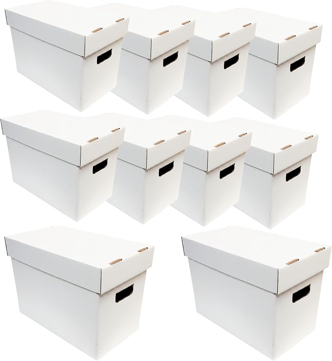 Max Protection Magazine Storage Boxes with Lids - Heavy Duty, 10 Pack | 200 lb Test Corrugated, Made in USA, File and Document Organizer, White, Tool-Free Assembly