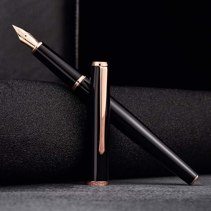 HongDian 920 Black Metal Fountain Pen, Rose Gold Plated Extra Fine Nib Smooth Writing Pen, Classic Pen with Ink Converter