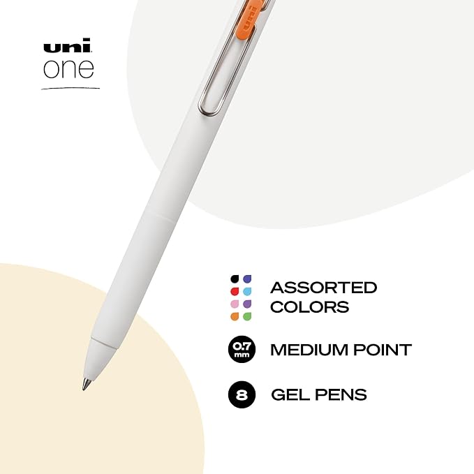 uniball™ one Gel Pens, Medium Point (0.7mm), Assorted Ink, 8 Pack | Ink stays on top of paper fibers for crisp vivid lines, wire pocket clip, color indicator top, smooth barrel & rubber grip