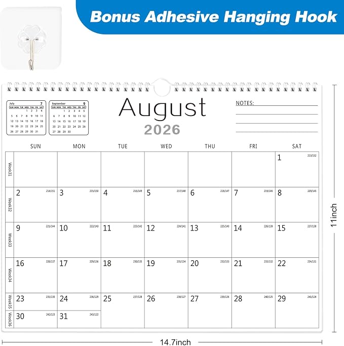 MZD8391 Calendar 2026-2027, Wall Calendar 2026-2027 From July 2026 To December 2027 18 Months, 14" x 11" Paper Calendars with Julian Date and Blank Block for New Year