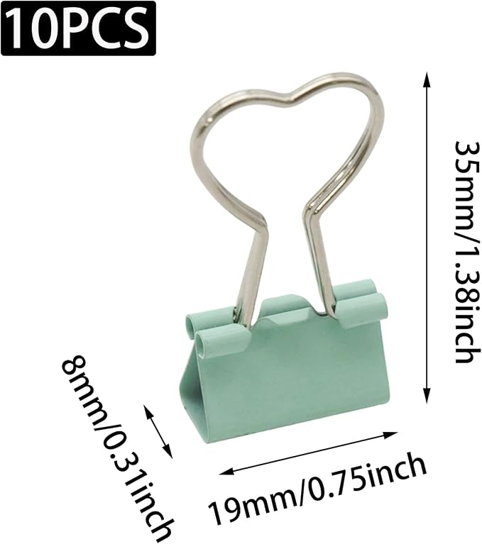 10Pcs Green Binder Clips, Heart Hollow Out Metal Clip Notes Letter Paper Clamps, Colorful Binder Clips for Paperwork/Home, Office Supplies (Green, Can clamp 8mm)
