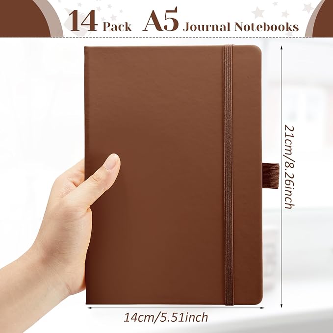Laumoi 14 Pack Hardcover Journal Notebooks Bulk Journaling Notebook Wide Ruled PU Leather Ruled Lined Journals with Pen Holder for School Business Work Writing (Brown,A5)
