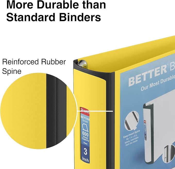 Staples Better Binder, 3" Heavy‑Duty D‑Ring 3‑Ring Binder, Yellow, Reinforced Spine, 600‑Sheet Capacity, High‑Visibility Organizer for Office, School & Filing, 2‑Pack
