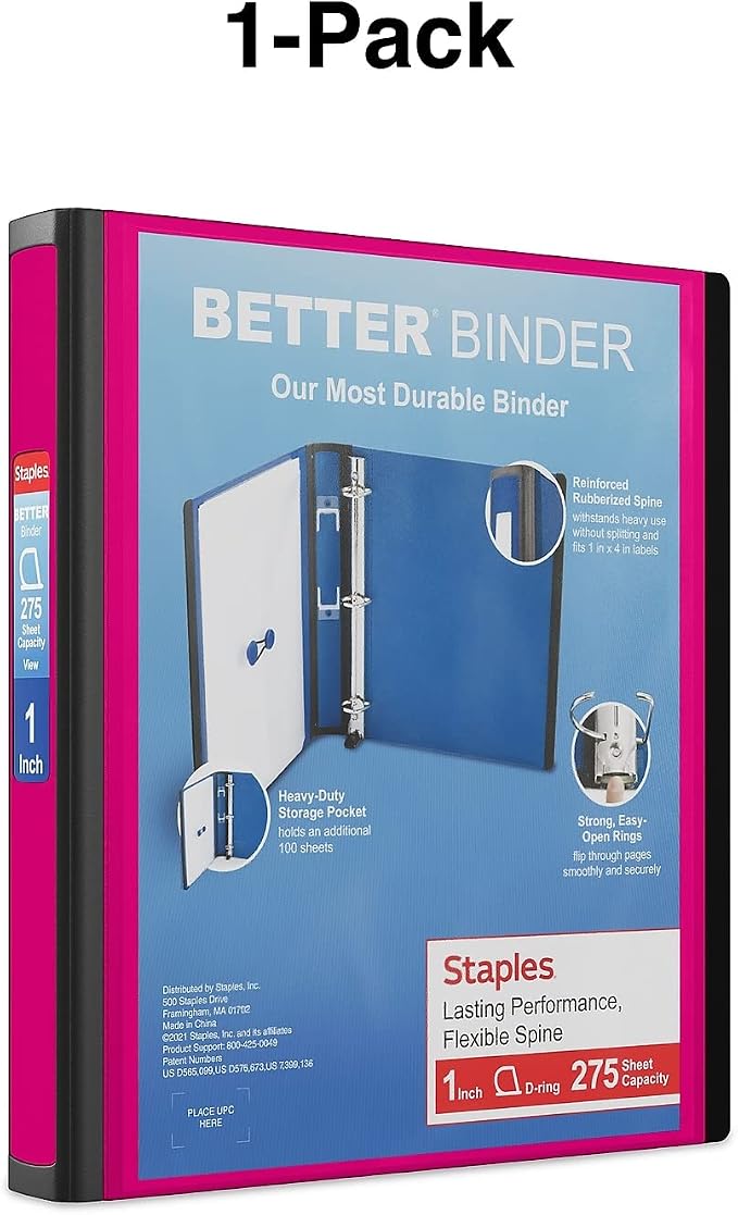 Staples Better View 1-Inch D-Ring Binder, Pink – Durable 3-Ring Binder with Clear Overlay for School & Office