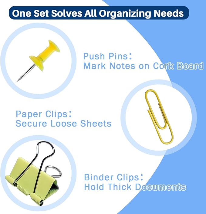 250 PCS Colored Office Clips Set - Assorted Sizes Paper Clips, Binder Clips & Push Pins | Durable Stainless Steel Paper Clamps, Thumb Tacks for Home, Office, College | Document Organizing Supplies