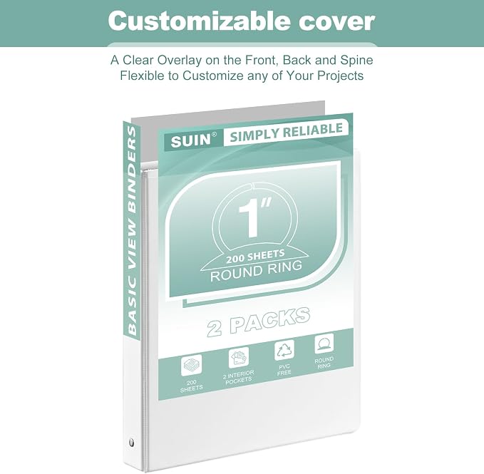 SUIN Basic 1-Inch 3-Ring-Binder, Customizable Clear View Cover, for US Letter Size 8-1/2 x 11'', Perfect for Office/School (White - 48 Packs)