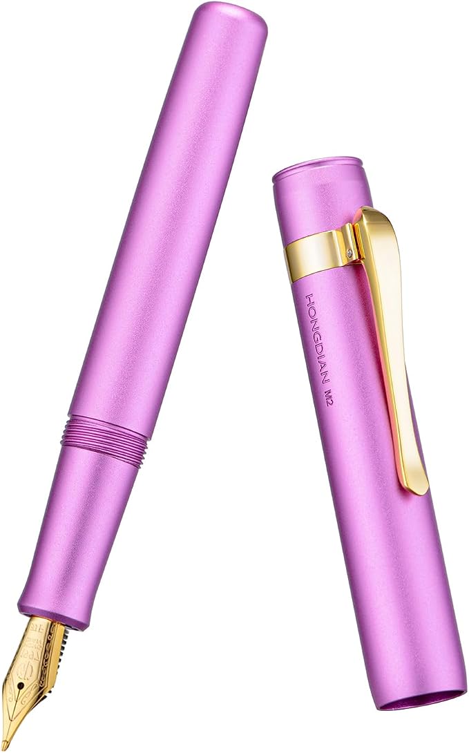 HONG DIAN M2 Black Forest Mini Fountain Pen, Long Blade Nib & Sleek Shape Aluminium Short Pocket Travel Pen (Lilac Purple)