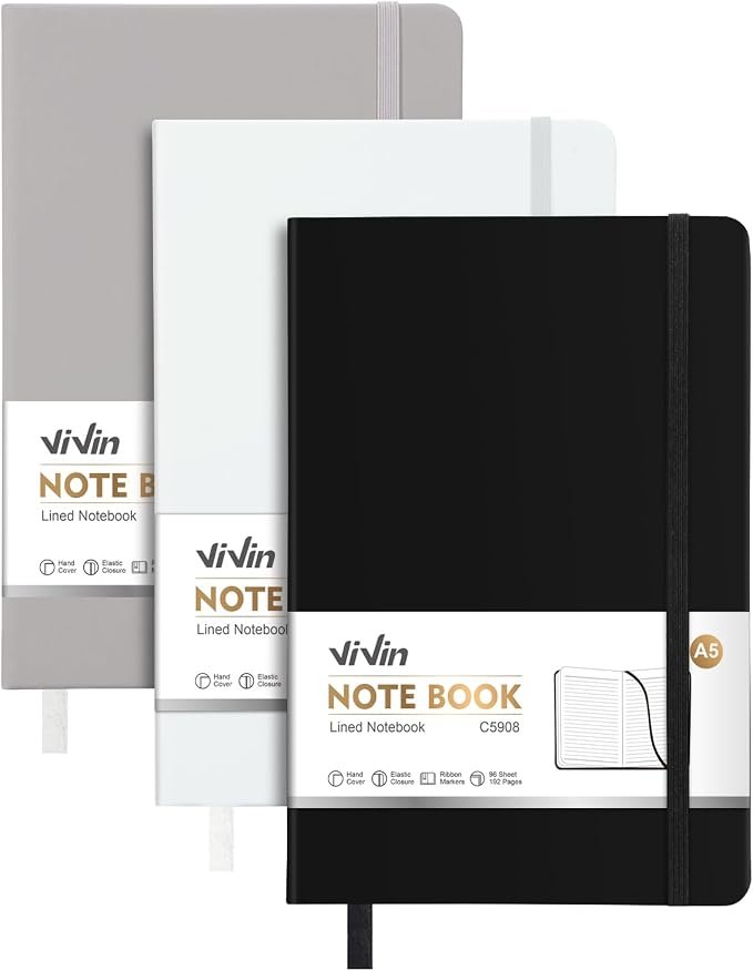 ViVin Lined Journal Notebooks,3 Pack,192 Pages,Medium 5.5 x 8.3 inch,College Ruled,A5 Hardcover Notebooks,Journaling Notebooks for Professional Office Work,Writing, School
