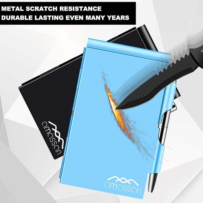 amassan Metal Pocket Notebook, Small Pocket Notepad Aluminum Note Case with Mini Metal Pen and 60-Page Sheets (Blue)