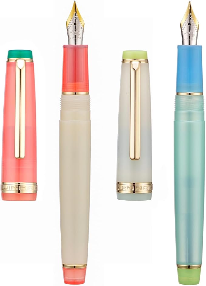 2PCS Jinhao 82 Fountain Pen Extra Fine Nib & Fine Nib with Converter, Mixed Macaroon Blue Red Gold Trim Writing Pen Set
