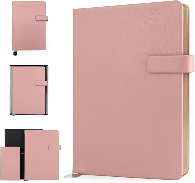 A5 Hard Cover Lined Notebook, Pen Holder & Gold Edges, 180° Lay Flat Journal, Large 5.7 x 8.4 in, Bookmark & Gift Box, Business Notebook for Work, Study, Travel(Pink)