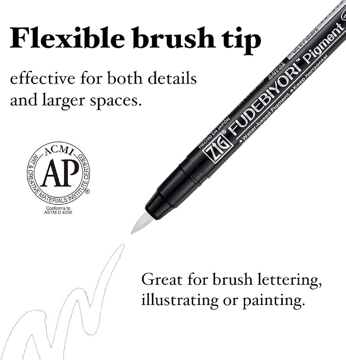Kuretake ZIG FUDEBIYORI PIGMENT Milky White 3 pens set, For Lettering, Illustlation, AP-Certified, Flexible Hard brush tip, Effective on black paper, Professional quality, Made in Japan