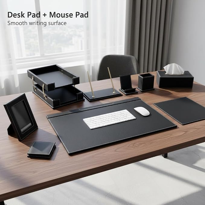 Leather Desk Set, 13-Piece All-in-One – Executive Desk Accessories & Office Supplies, Desk Organizer with Desk Pad & Blotter, 2-Tier Letter Tray, Luxury Office Desk Decor & Boss Gifts (Black)