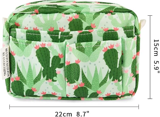 E-WEICHEN Multiple Pockets Portfolio Organizer with Zippered, Makeup Bag Travel Essentials for Women, Simple Waterproof Stationery Pencil Pouch Bag for Journal Office Art Supplies.Green Cactus