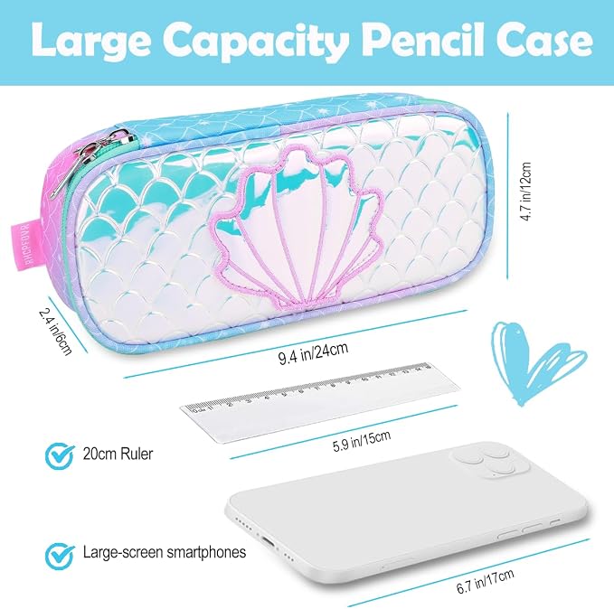 RHCPFOVR Kids Pencil Case for Girls-Soft Zipper Large Capacity Pencil Pouch for Girls Pencil Case for School Pencil Bag for Toddler (Blue Mermaid Scale)