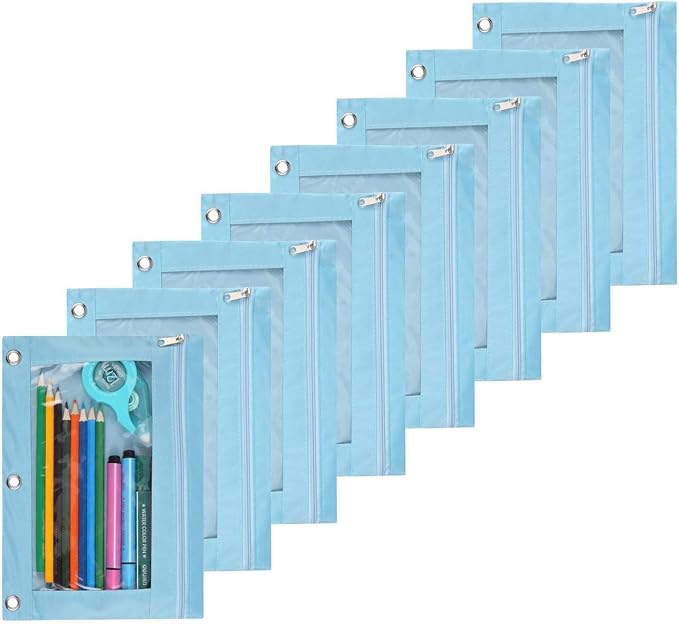 Zippered Pen Pencil Binder Pouch | 3 Rings with Clear Window for School Classroom Organizers 8 Pcs (Light Blue)