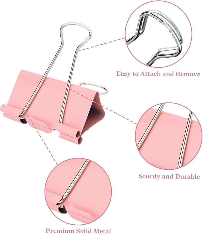 Temiary Aesthetic Binder Clips, Large Metal Binder Clip with Clear Storage Container, Binding Paperwork Clamps for School Teachers Office Supplies (Pink 1.6 Inch, 24P)