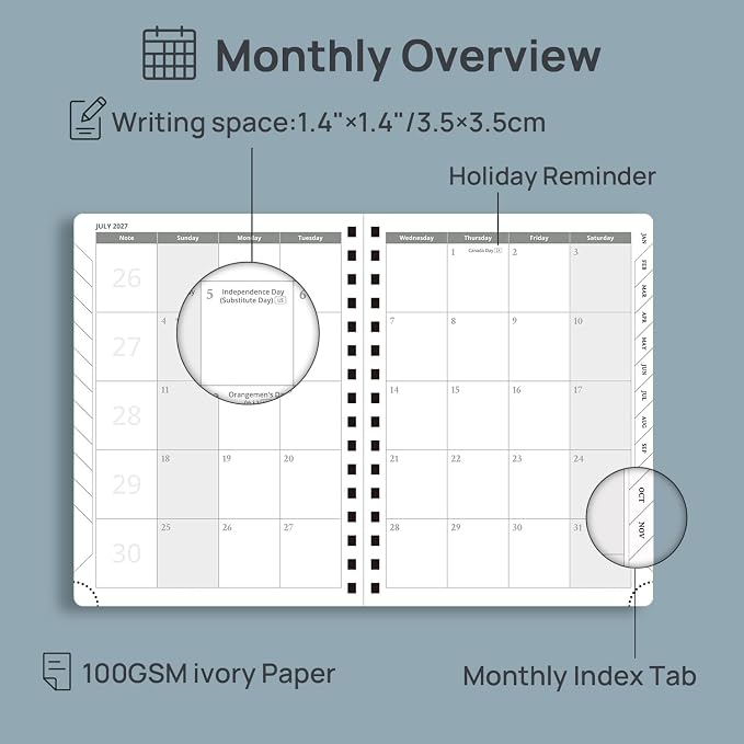 POPRUN 2027 Planner Daily Weekly and Monthly Calendar with Hourly Schedule(Medium Size 8.5'' x 6.25'' Wire-Bound Hard Cover) - Agenda 2027 (Jan.2027-Dec.2027), Monthly Tabs - Midnight Green