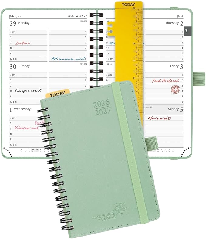 POPRUN Pocket Planner 2026-2027 (Size 4''x6.25'') Academic Pocket Calendar | Weekly Planner, Small Calendar Book(July 2026 - June 2027) with Hourly Time Slots, Spiral Leather Cover - Celadon Green