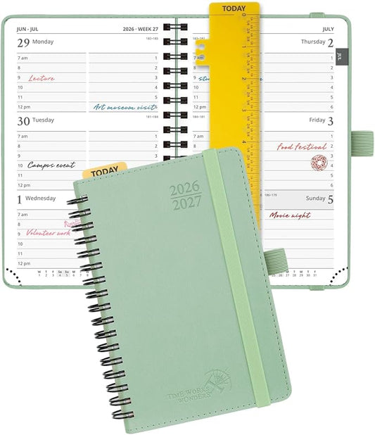 POPRUN Pocket Planner 2026-2027 (Size 4''x6.25'') Academic Pocket Calendar | Weekly Planner, Small Calendar Book(July 2026 - June 2027) with Hourly Time Slots, Spiral Leather Cover - Celadon Green