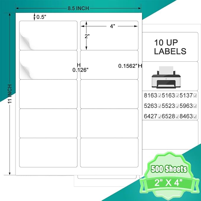 Label Stickers 2x4, 5000 Strong Adhesion Address Mailing Labels, Matte White Printable 8.5 x 11 Lable Sticker Paper for Laser Inkjet Printer, 10 Up Small Shipping Labels Per Sheet (500 Sheets)