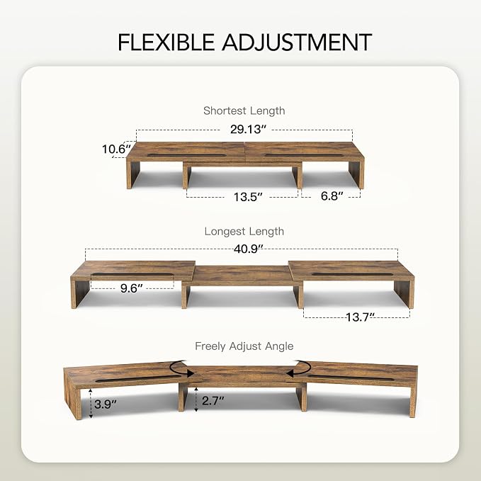 AMERIERGO Dual Monitor Stand Riser- 3 Shelf Screen Stand with Adjustable Length and Angle, 2 Extra Functional Slot Desktop Organizer Stand for PC, Computer, Laptop (Rustic Brown)