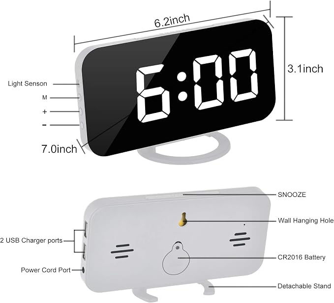 Digital Alarm Clock,7" LED Mirror Electronic Clocks,with 2 USB Charging Ports,Snooze Mode,Auto Adjust Brightness,Modern Desk Wall Clocks for Bedrooms Living Room Office - White