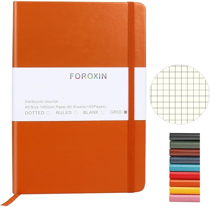 Grid Journal Bullet Notebook - Orange Leather Cover, 8.3 x 5.7Inch, 160 Pages, 100gsm Paper, Hardcover with Inner Pocket, Elastic Closure and Ribbon Bookmark, Great for Women and Men
