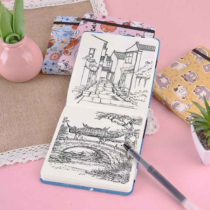 qianshan 4.8" x 4.8" Hardcover Sketchbook,Small Mixed Media Sketch Pad,96 Sheets 80gsm Acid-Free Artist Travel Journal Pocket Blank Notepad for Adults Drawing Painting,Art Supplies.Lake Blue Cat