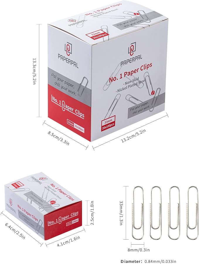 PAPERPAL Paperclips for Office School & Personal Use, #1 Nonskid Paper Clip (1-2/7"), 2000 Medium Paper Clips (20 Boxes of 100 Each), Silver | Value bulk pack of 2,000 medium non-skid paper clips for offices, schools and businesses, packed in 20 boxes ...