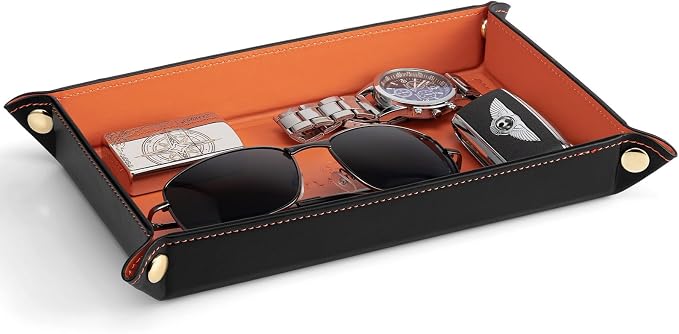 VLANDO Valet Tray, Foldable PU Leather Catchall Tray, Orange Black | Travel Valet Tray for Keys, Wallet, Watch, Phone and Glasses, Nightstand Dresser Desk Entryway Organizer for Men and Women
