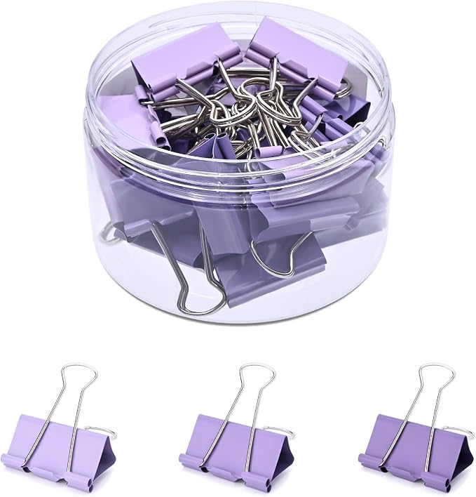Temiary Aesthetic Binder Clips, Medium Metal Binder Clip with Clear Storage Container, Binding Paperwork Clamps for School Teachers Office Supplies (Purple 1.26 Inch, 24P)