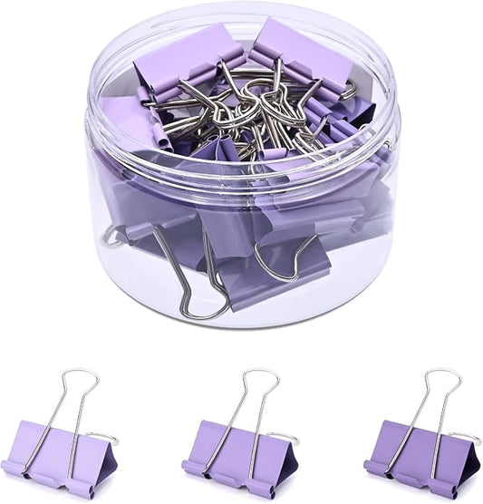 Temiary Aesthetic Binder Clips, Medium Metal Binder Clip with Clear Storage Container, Binding Paperwork Clamps for School Teachers Office Supplies (Purple 1.26 Inch, 24P)