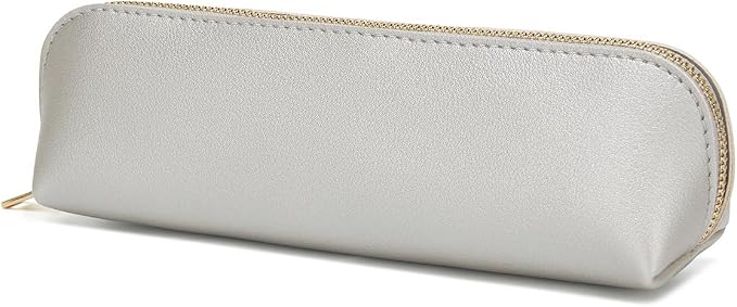 Pencil Case Small Pencil Pouch Slim (Pearl Silver, Faux Leather)