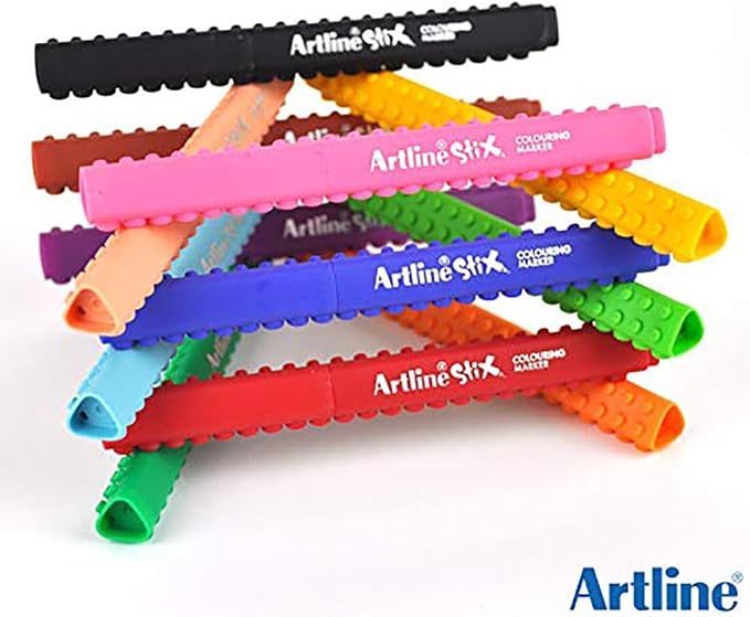 Artline Stix Stackable Brush Markers, Assorted Colors, 6 Pack | Connecting marker pens for hand lettering, calligraphy, coloring, drawing and creative building activities