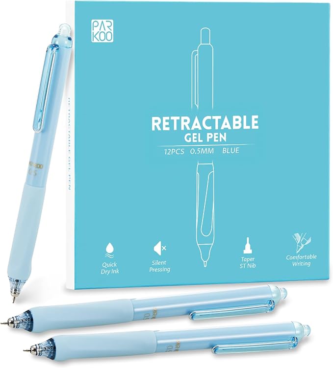 ParKoo Gel Pens Quick Dry Ink Fine Point 0.5mm, Retractable Rolling Ball Blue Ink Pen, Click Silent Pens Set for Journaling Notetaking Drawing Sketching Smooth Writing Non Bleed 12pcs