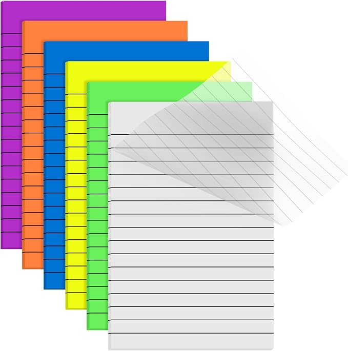 Yinder 6 Pack Colored Transparent Sticky Notes Translucent Clear Lined Self Sticky Notes, Back to School Gift Bible Tab for Planners, School Supplies Office, 30 Sheets/Pack, 4 x 6'' (Bright Color)