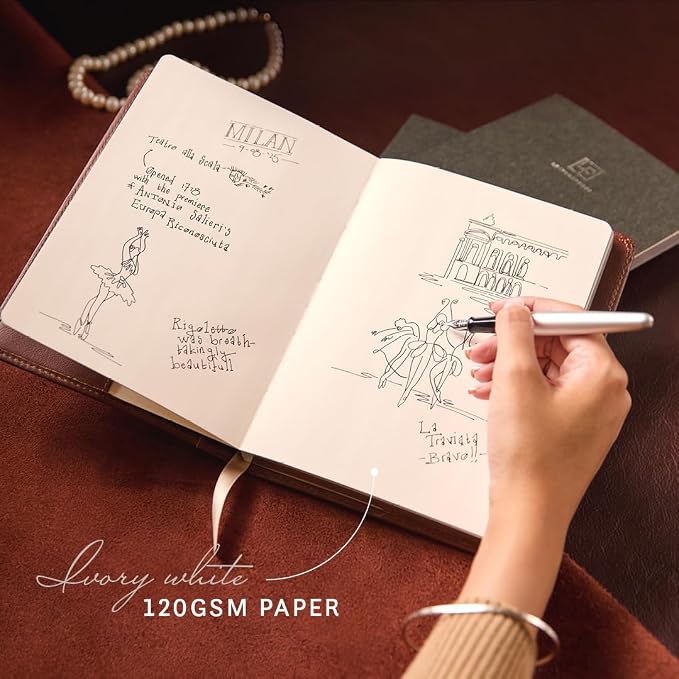 Refillable Journal, Bureau Brown Full-Grain Leather Notebook Cover with Insert, 160 Blank Pages, 120 gsm Acid-free Paper, Blank, Lined, Dotted Refills Available, 8” x 5.75” Insert Size