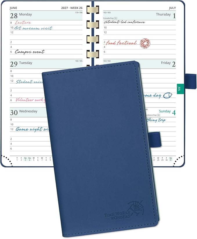 POPRUN 2027 Pocket Planner (Slim 3.5'' x 6.5'') Weekly and Monthly Calendar | 2027 Pocket Calendar(Jan - Dec) Appointment Book with Hourly Time Slots, Monthly Tabs, Spiral Leather Cover - Navy Blue