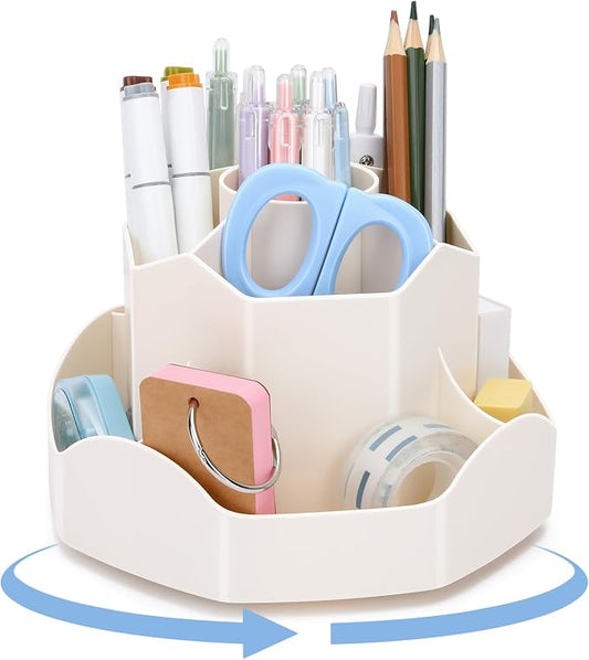 Zevemomo Pen Holder for Desk, 360 Degree Rotating Pencil Desk Organizer, Pen Organizer with 9 Slots, Large Capacity Pen Holder, Desktop Storage Stationery Supplies Organizer, Beige