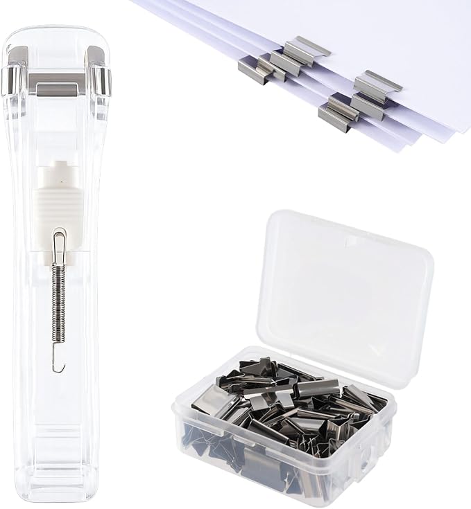 51 Pcs Portable Binder Clip Stapler Kit, Includes 50 Reusable Silver Clips, Push Clips for Paper Home School Desk Office Supplies