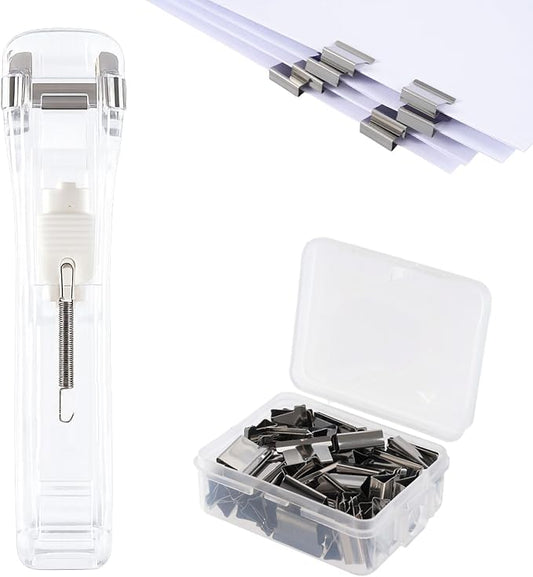 51 Pcs Portable Binder Clip Stapler Kit, Includes 50 Reusable Silver Clips, Push Clips for Paper Home School Desk Office Supplies