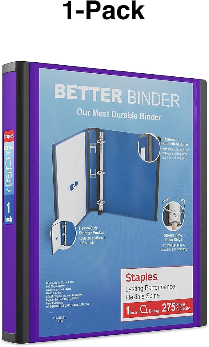 Staples Better Binder 1-Inch D-Ring View Binder, Reinforced Spine, Holds Up to 275 Sheets, Purple, for Office & School
