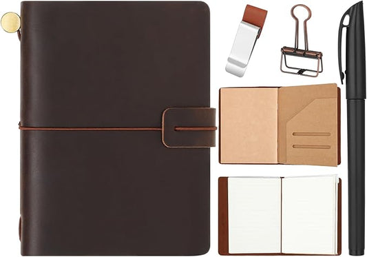 Thenshop Travelers Refillable Leather Journal Notebook Travel Diary Handmade Passport Travelers Journal for Men and Women with 3 Notebook Inserts, Pen Holder, Binder Clip(Dark Brown,Passport Size)