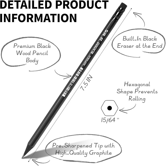M&G BLACKOO Series 2B Wood-Cased Pencils, 24-Pack Pre-Sharpened with Top Erasers, Bulk Black Pencils for School, Teachers, Writing, Drawing and Sketching (Black)
