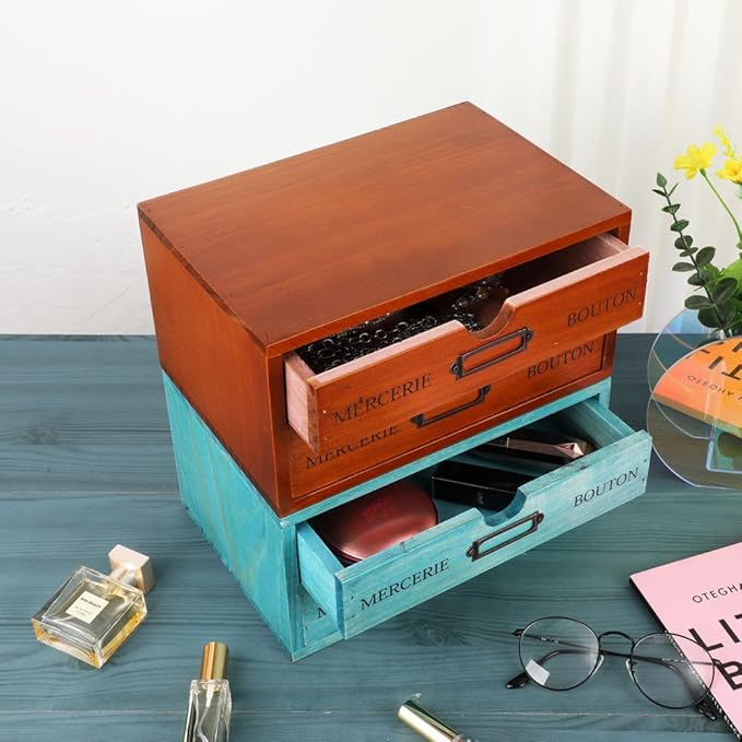 Small Wooden Drawers Wooden Box with Drawer Brown | 2 Drawer Storage Box for Apothecary Cabinet, Apothecary Drawers，Desktop Organizer with Metal Handles for Office，Home